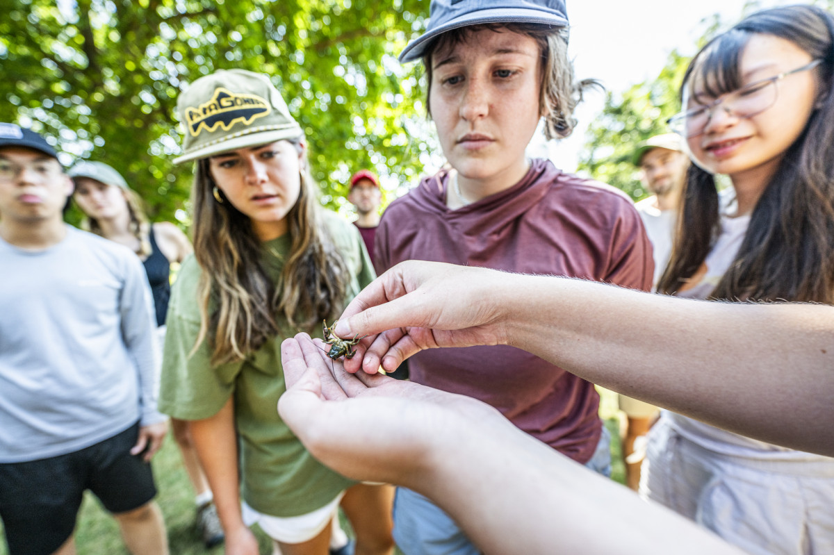 Students look closely at a small crayfish being held in another student's hands.
