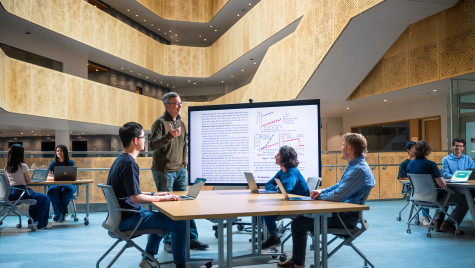 Students at tables listen to a speaker in front of a projection screen with text from a research study.