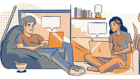 An illustration shows two people siting in their living rooms talking to one another on their laptops.