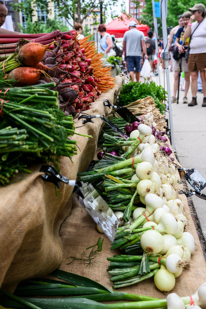 Bunches of radishes, carrots, and other vegetables at a stand at the Dane County Farmer's Market