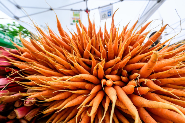 Large carrots are available for sale during the Dane County Farmer’s Market in Madison, Wisconsin on July 4, 2026.