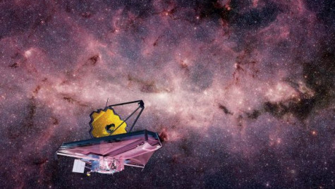 A rendering of the James Webb space telescope is depicted floating in space.
