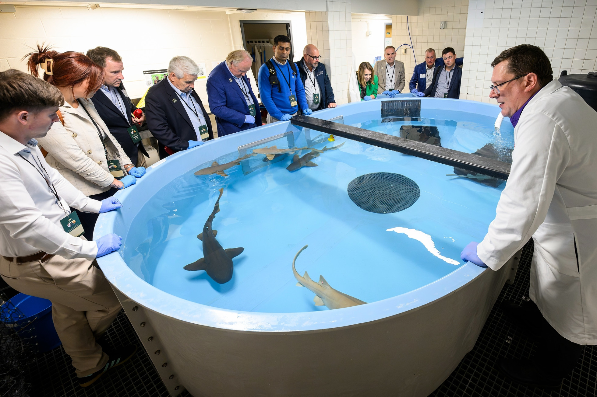 Aaron LeBeau speaks to a delegation in front of a large tank with nurse sharks. 