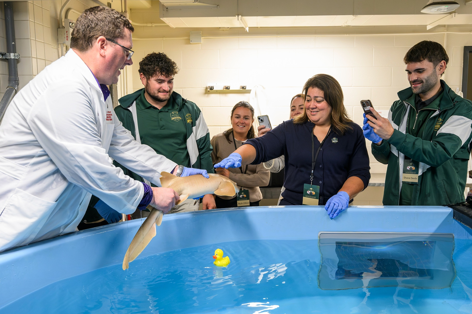Aaron LeBeau holds a nurse shark above the tank to show members of the delegation. 