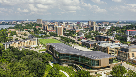 An aerial image shows buildings on the west side of the UW-Madison campus.