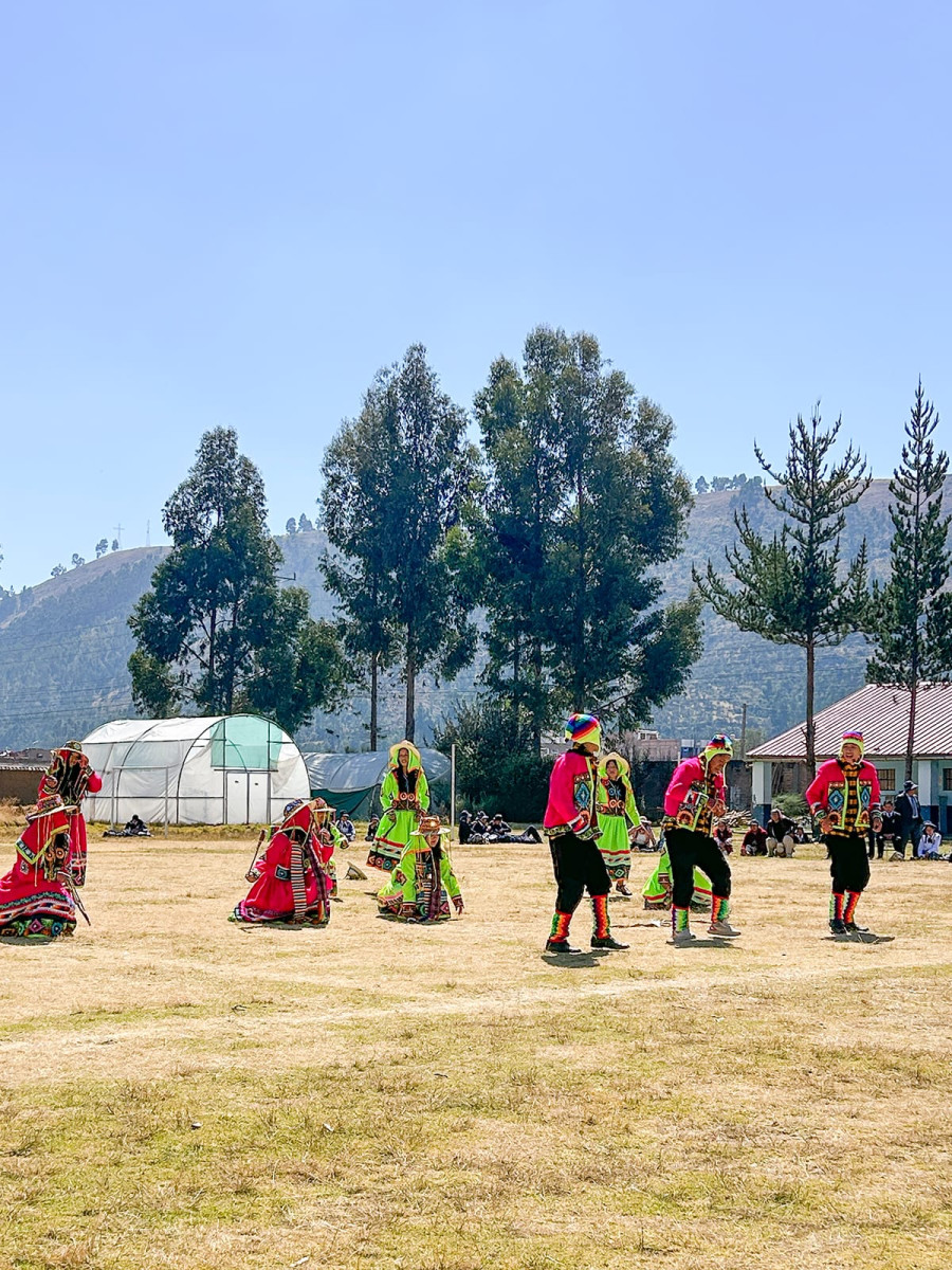 Performers in vibrant, traditional Andean clothing dance on an open grassy field surrounded by tall trees and mountains under a clear sky.