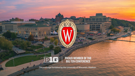 An aerial view of the UW–Madison lakeshore campus, with UW and Big Ten logos and advertising language.