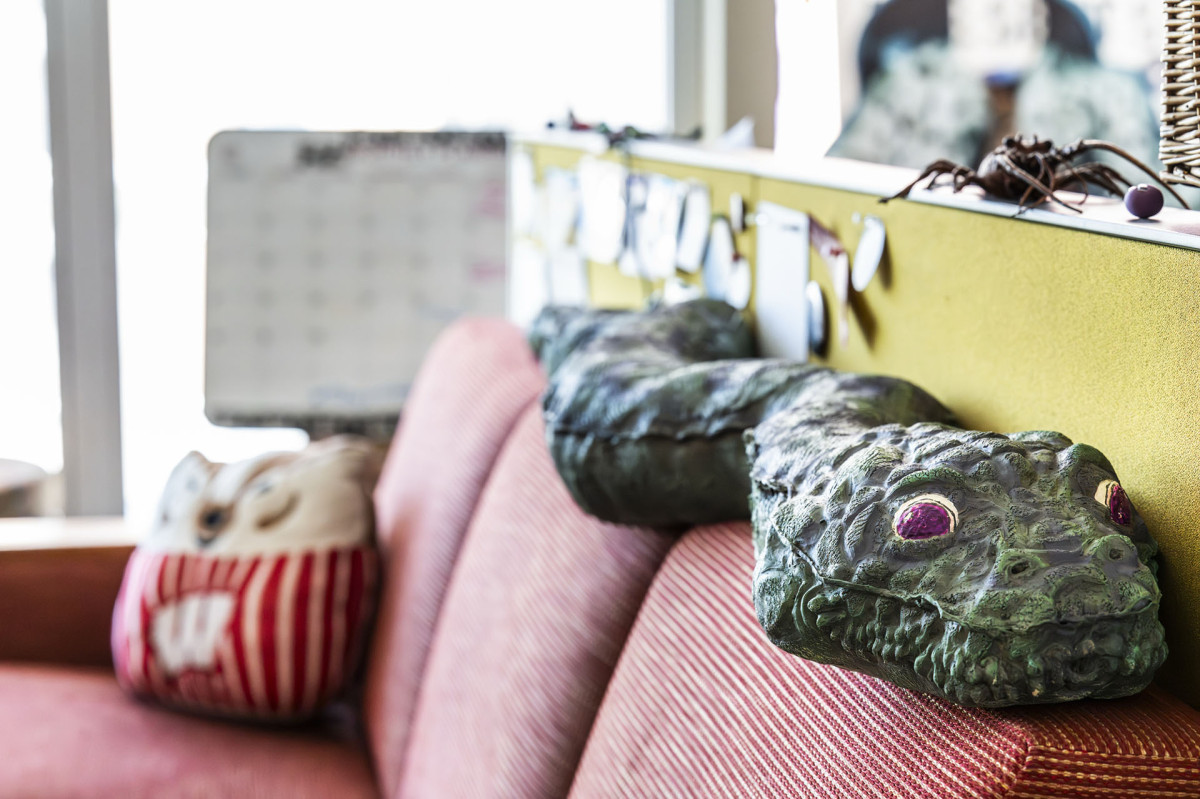 A couch with a Bucky Badger pillow and a large green snake pillow