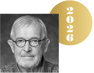 Black and white headshot of Francis Halzen with an overlapping gold circle representing a Nobel medal, with the year 2026 on it.