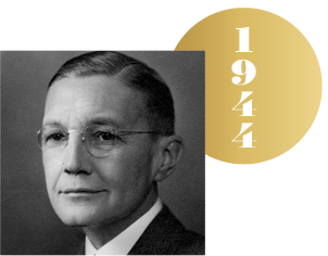 Black and white headshot of Herbert Gasser with an overlapping gold circle representing a Nobel medal, with the year 1944 on it.