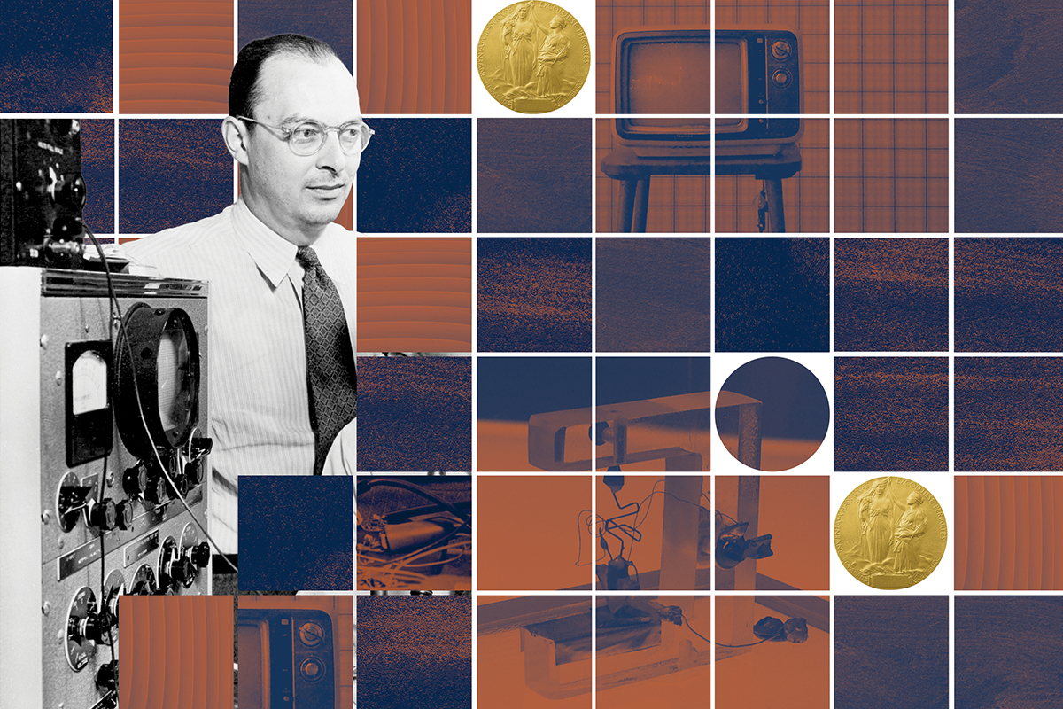 Orange and brown collage featuring a grayscale image of John Bardeen, with a TV, electrical equipment, and a gold Nobel Prize medal in the background.