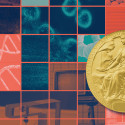 A collage of scientific imagery including bacteria, DNA strands, and laboratory textures, overlaid with a large gold Nobel Prize medal.