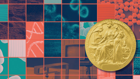 A collage of scientific imagery including bacteria, DNA strands, and laboratory textures, overlaid with a large gold Nobel Prize medal.