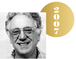 Black and white headshot of Oliver Smithies with an overlapping gold circle representing a Nobel medal, with the year 2007 on it.