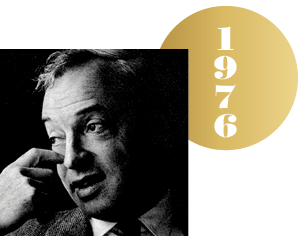 Black and white headshot of Saul Bellow with an overlapping gold circle representing a Nobel medal, with the year 1976 on it.