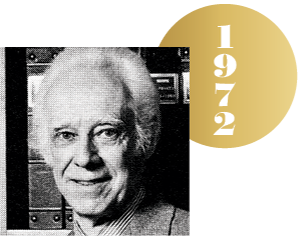Black and white headshot of Stanford Moore with an overlapping gold circle representing a Nobel medal, with the year 1972 on it.