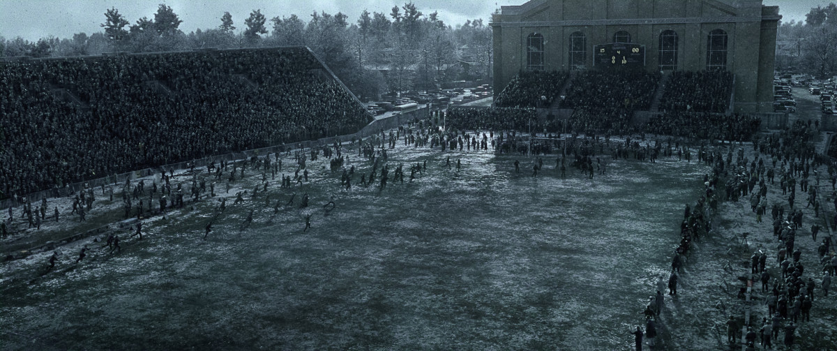 A overhead image shows a recreated Camp Randall Stadium as it would have looked in the 1940's.