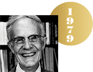 Black and white headshot of Theodore Schultz with an overlapping gold circle representing a Nobel medal, with the year 1979 on it.