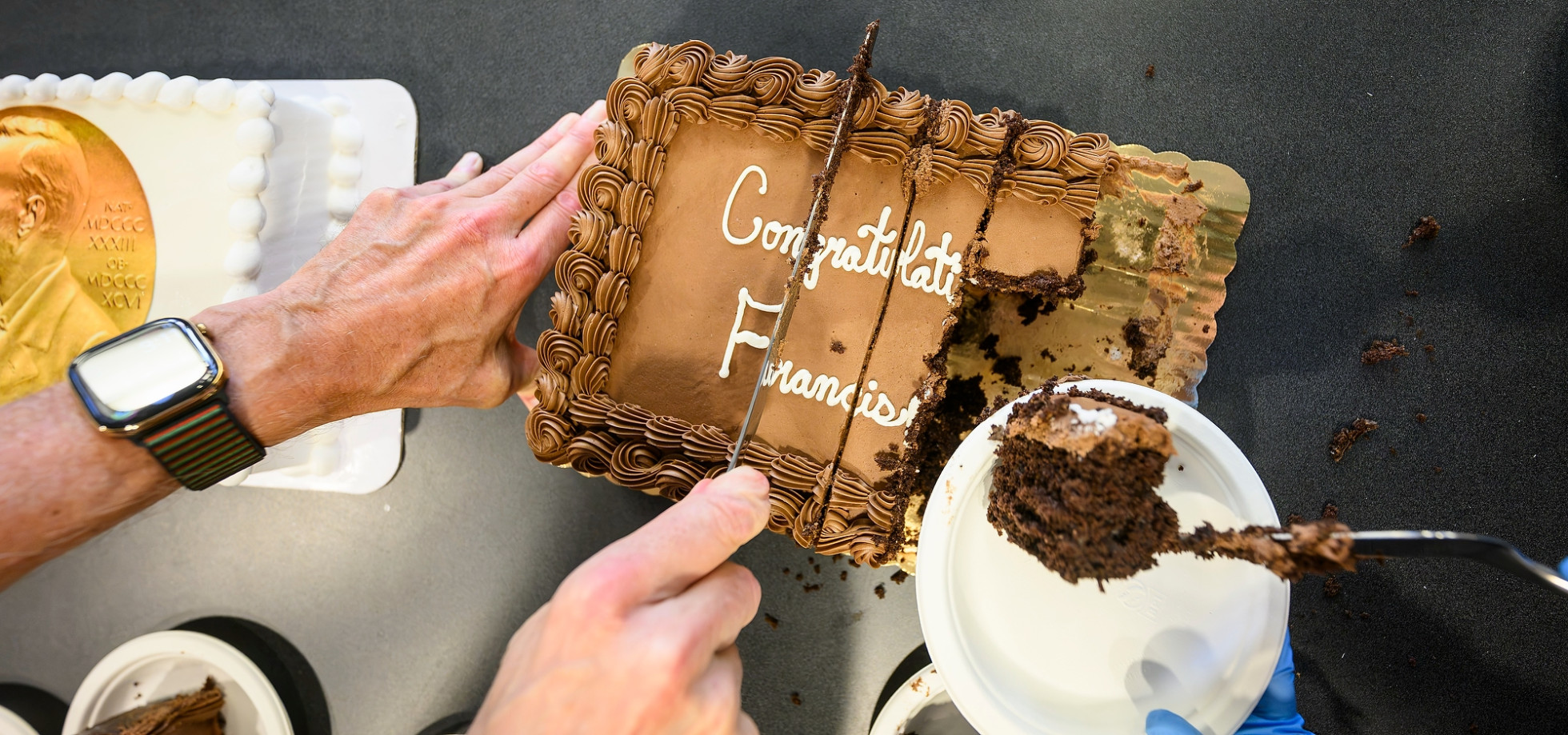 A close-up of hands cutting into a congratulatory chocolate cake. 