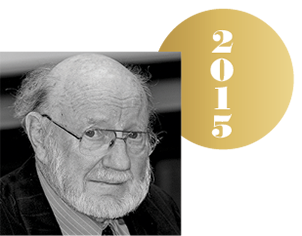 Black and white headshot of William Campbell with an overlapping gold circle representing a Nobel medal, with the year 2015 on it.
