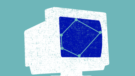 An illustration shows a white computer desktop with a blue screen against a light blue background.